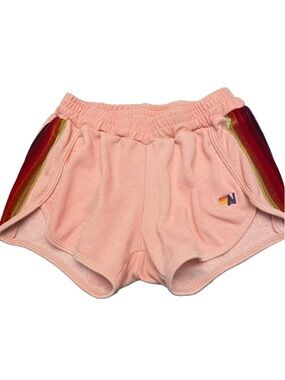 Aviator Nation Pink Terry Athletic Shorts with Retro Rainbow Side Stripes